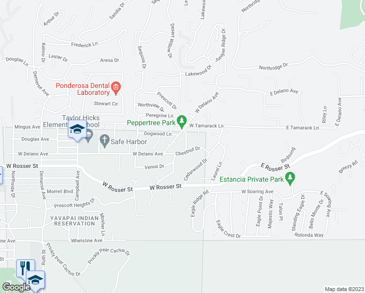map of restaurants, bars, coffee shops, grocery stores, and more near 1803 Peppertree Lane in Prescott