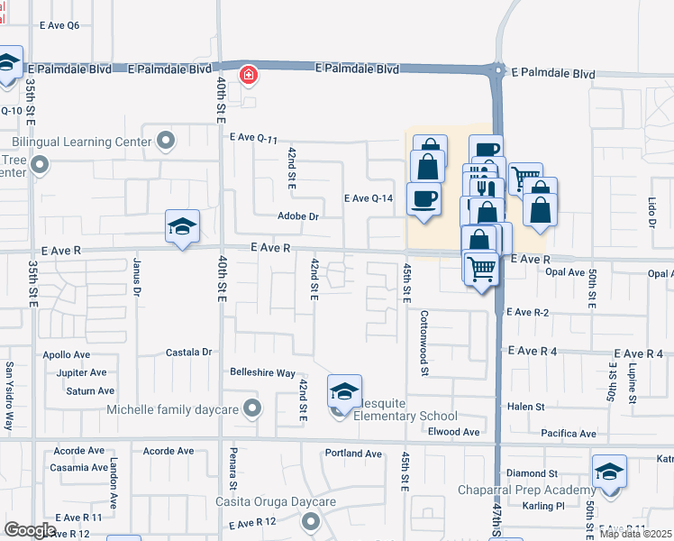 map of restaurants, bars, coffee shops, grocery stores, and more near 37940 42nd Street East in Palmdale