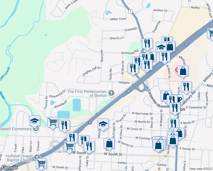 map of restaurants, bars, coffee shops, grocery stores, and more near 910 Denver Street in Benton