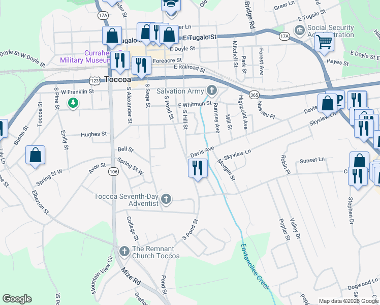 map of restaurants, bars, coffee shops, grocery stores, and more near 351 South Hill Street in Toccoa
