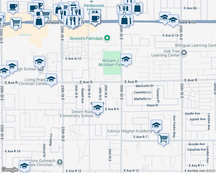 map of restaurants, bars, coffee shops, grocery stores, and more near 37944 29th Street East in Palmdale