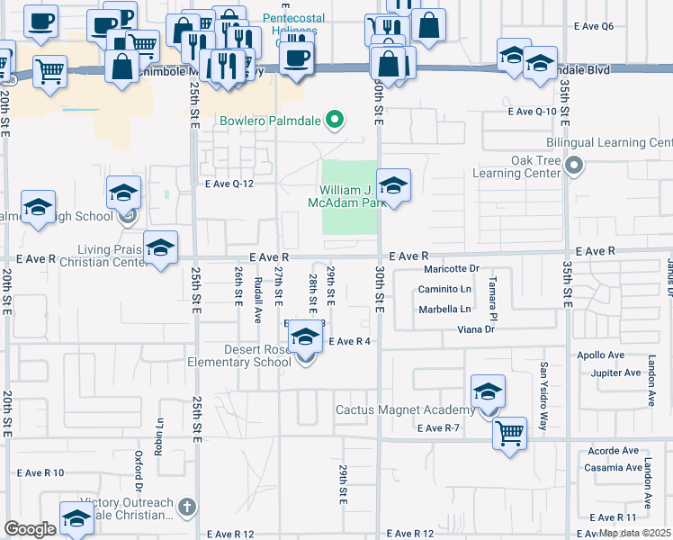 map of restaurants, bars, coffee shops, grocery stores, and more near 37944 29th Street East in Palmdale