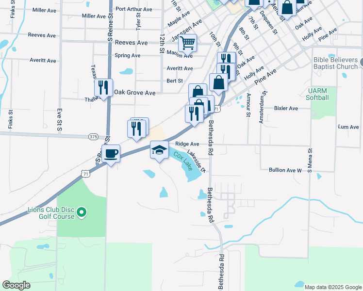 map of restaurants, bars, coffee shops, grocery stores, and more near 1013 Lakeside Drive in Mena