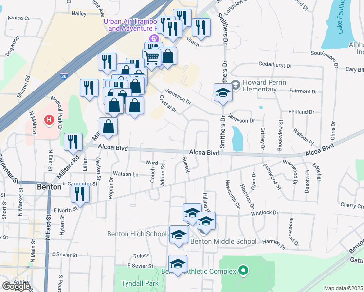 map of restaurants, bars, coffee shops, grocery stores, and more near 910 Sunset in Benton