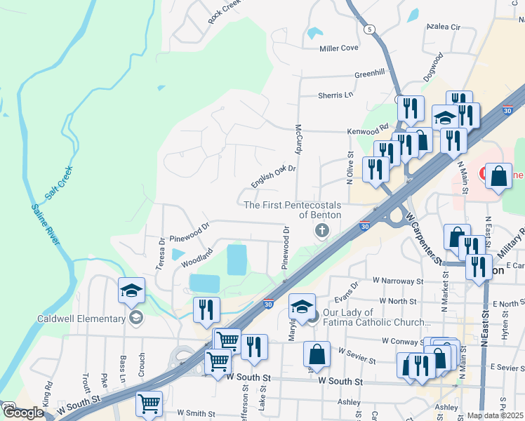 map of restaurants, bars, coffee shops, grocery stores, and more near 1115 Pinewood Drive in Benton