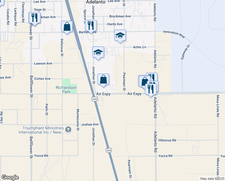 map of restaurants, bars, coffee shops, grocery stores, and more near 11824 Air Expressway in Adelanto