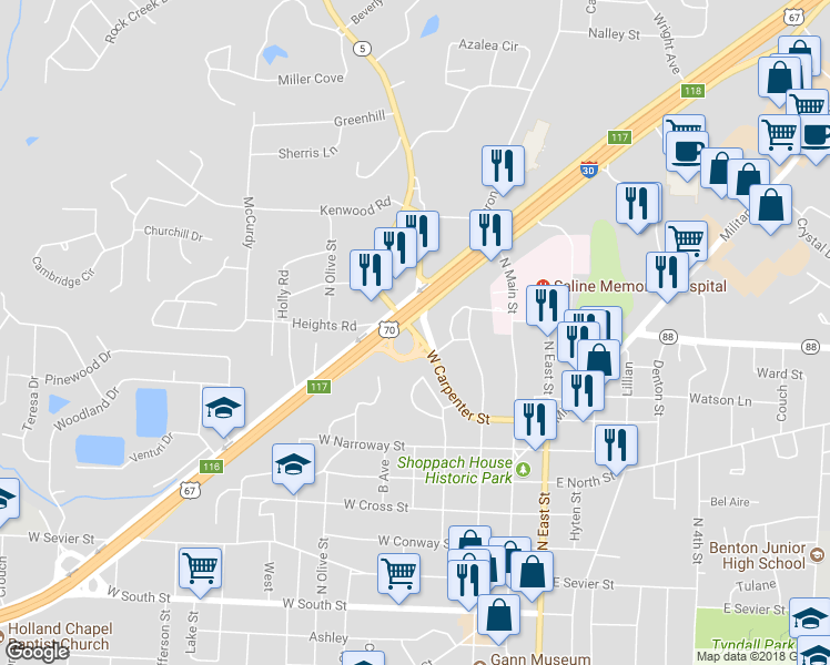 map of restaurants, bars, coffee shops, grocery stores, and more near 697 West Carpenter Street in Benton