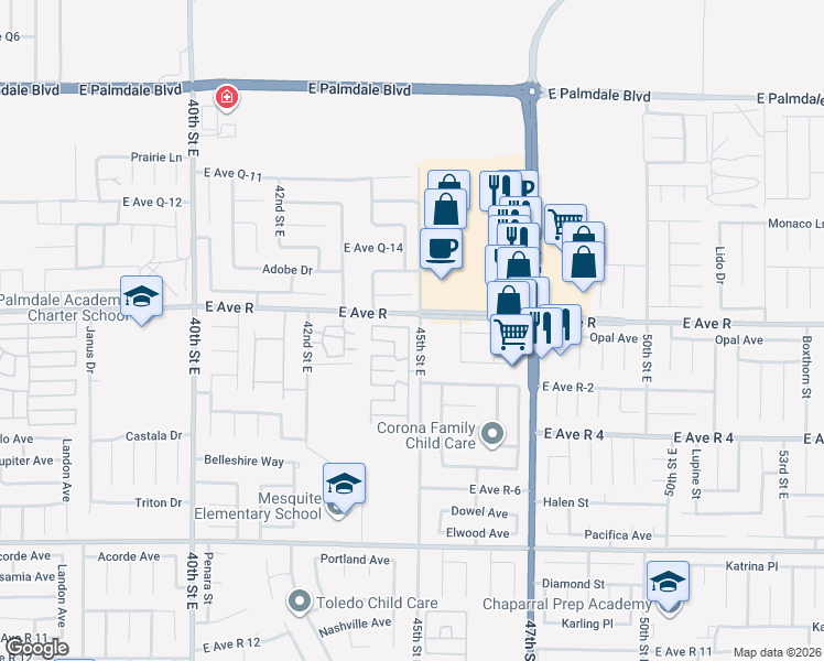 map of restaurants, bars, coffee shops, grocery stores, and more near 4444 East Avenue R in Palmdale