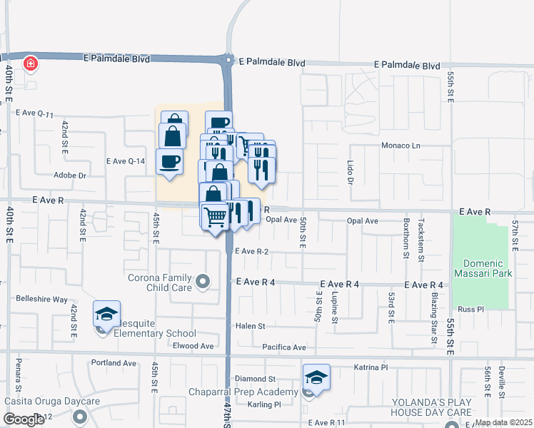 map of restaurants, bars, coffee shops, grocery stores, and more near 4727 Opal Avenue in Palmdale