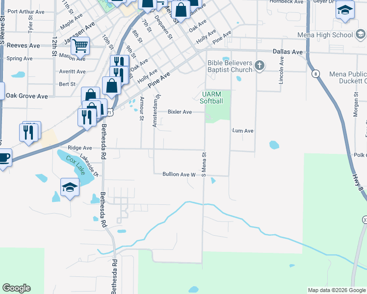 map of restaurants, bars, coffee shops, grocery stores, and more near 209 Bullion Avenue West in Mena