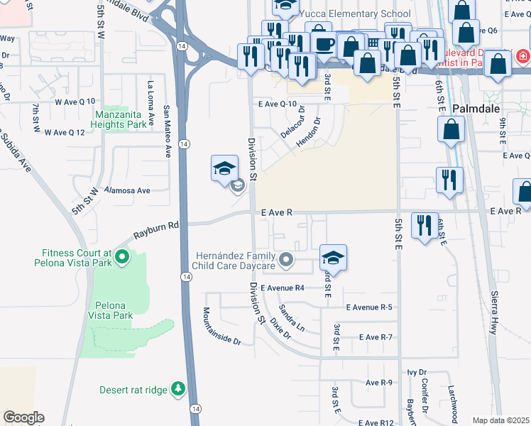 map of restaurants, bars, coffee shops, grocery stores, and more near 200 Ridgeview Circle in Palmdale