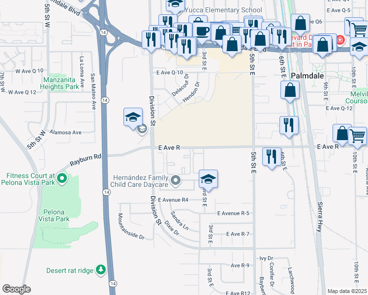 map of restaurants, bars, coffee shops, grocery stores, and more near 250 Avenue R in Palmdale