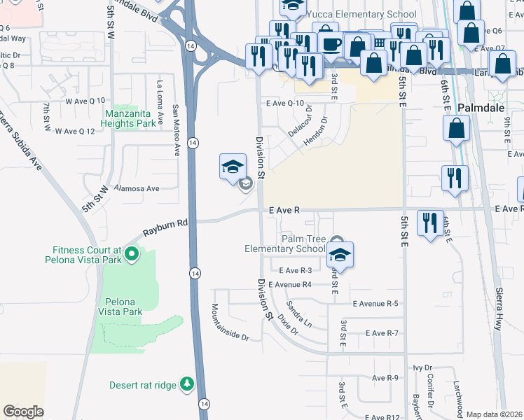 map of restaurants, bars, coffee shops, grocery stores, and more near 2 East Avenue R in Palmdale
