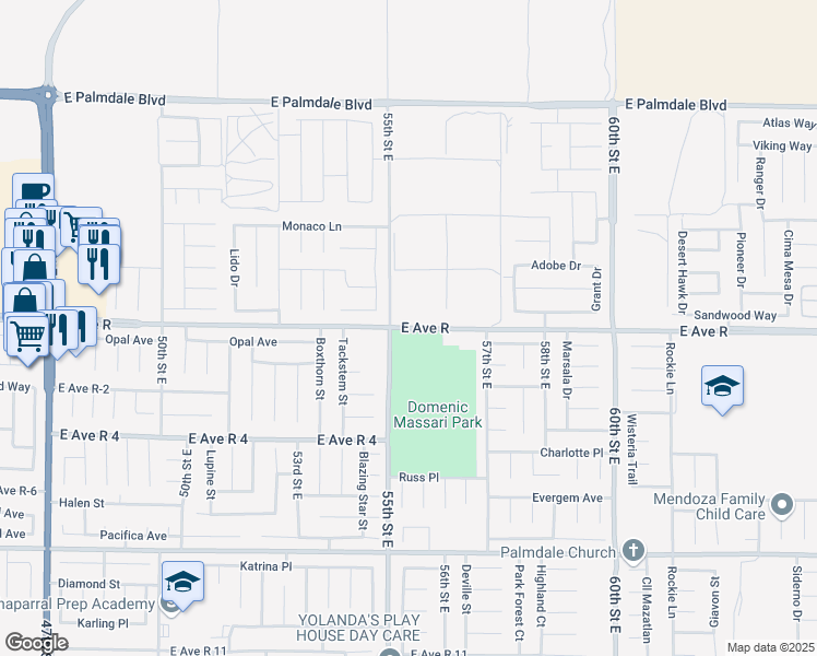 map of restaurants, bars, coffee shops, grocery stores, and more near Avenue R in Palmdale