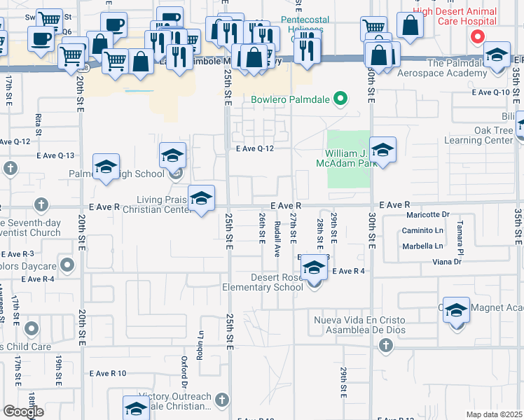 map of restaurants, bars, coffee shops, grocery stores, and more near 26th Street East in Palmdale
