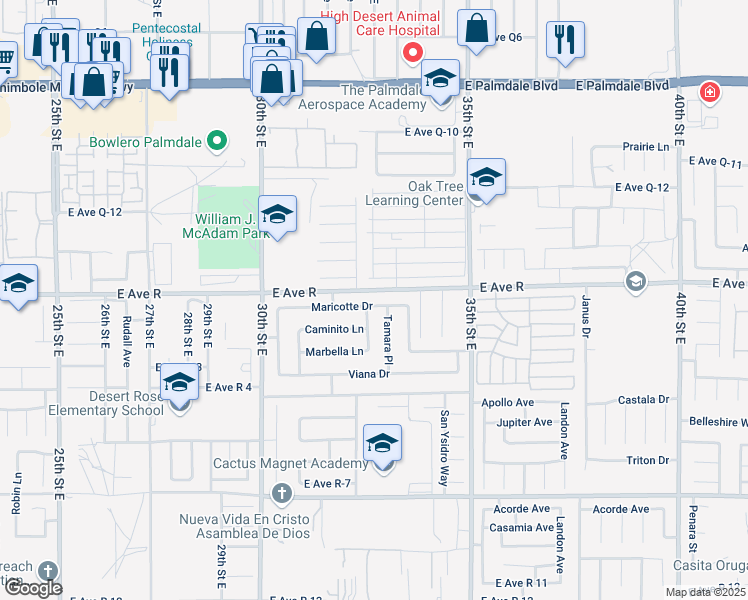 map of restaurants, bars, coffee shops, grocery stores, and more near 3207 Maricotte Drive in Palmdale