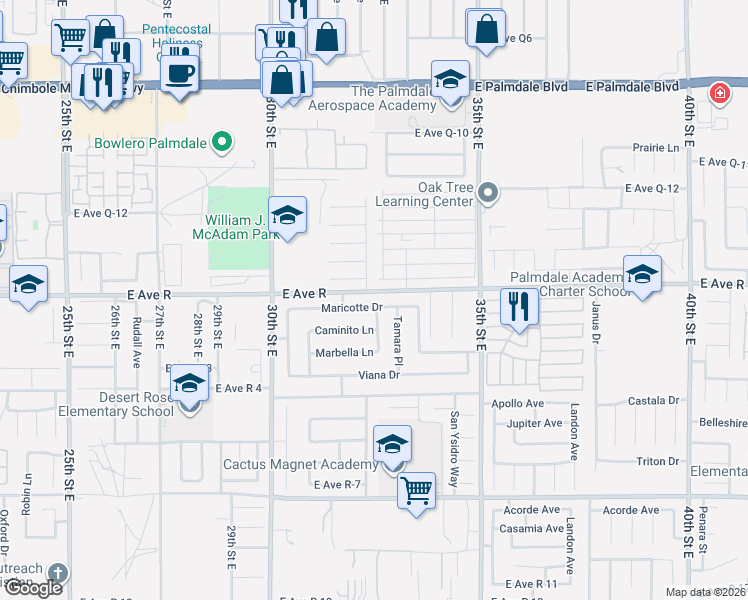 map of restaurants, bars, coffee shops, grocery stores, and more near 3134 Maricotte Drive in Palmdale