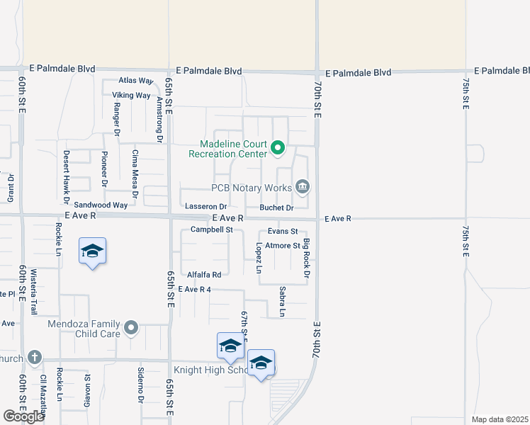 map of restaurants, bars, coffee shops, grocery stores, and more near 6756 Buchet Drive in Palmdale
