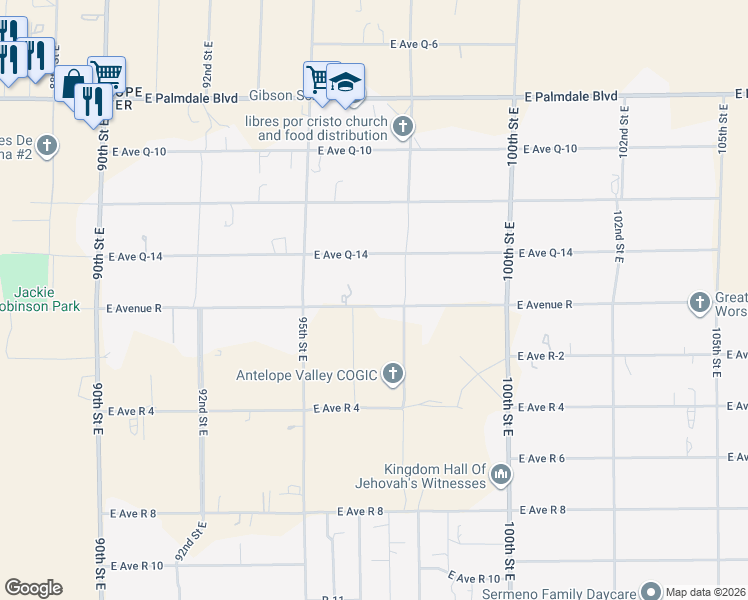 map of restaurants, bars, coffee shops, grocery stores, and more near 9629 East Avenue R in Littlerock