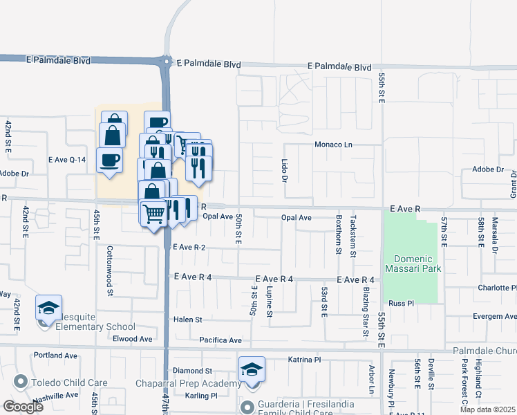 map of restaurants, bars, coffee shops, grocery stores, and more near 5030 Opal Avenue in Palmdale