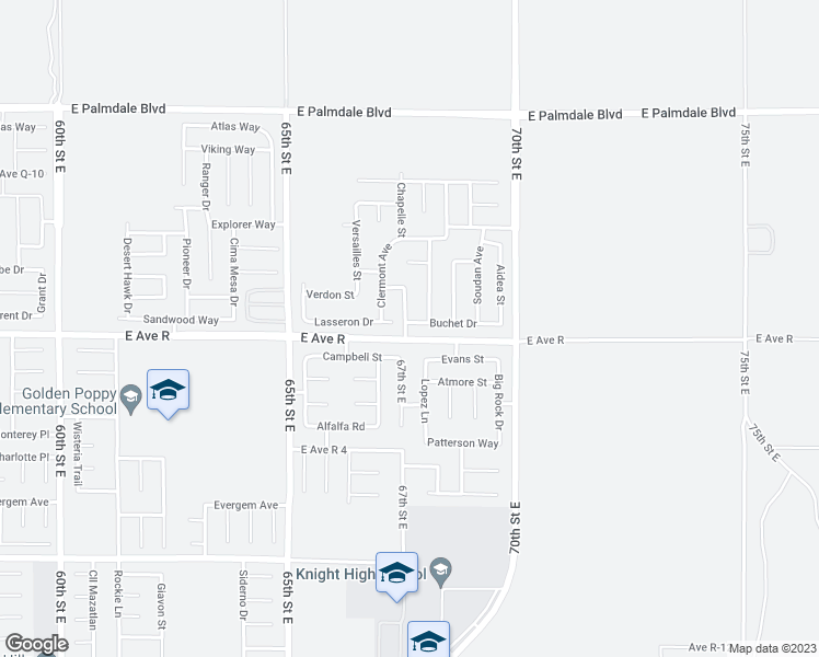 map of restaurants, bars, coffee shops, grocery stores, and more near 6708 Buchet Drive in Palmdale