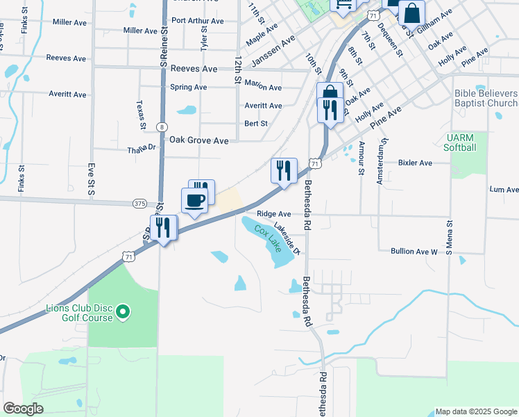 map of restaurants, bars, coffee shops, grocery stores, and more near 1013 Lakeside Drive in Mena