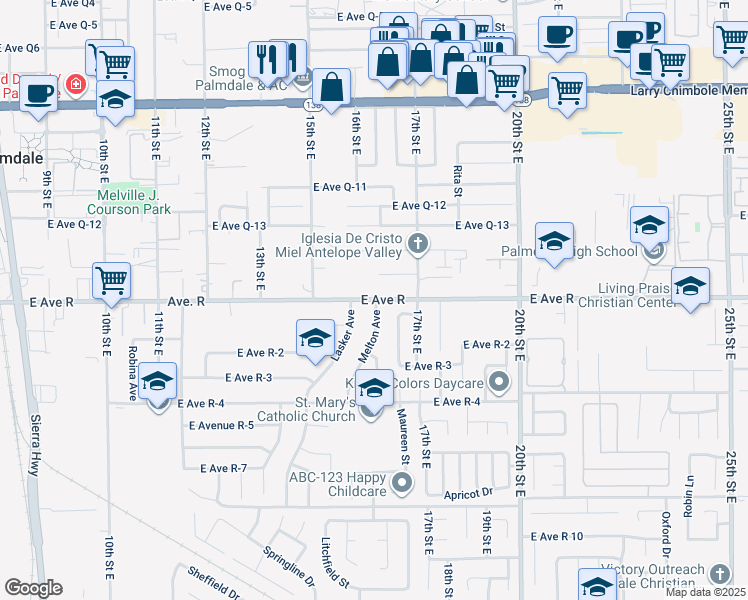 map of restaurants, bars, coffee shops, grocery stores, and more near 1593 Avenue R in Palmdale