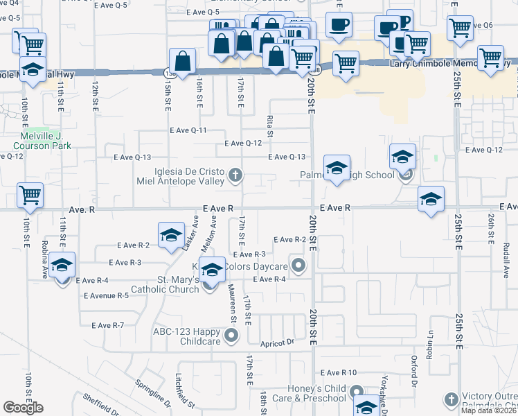 map of restaurants, bars, coffee shops, grocery stores, and more near 1745 East Avenue R in Palmdale