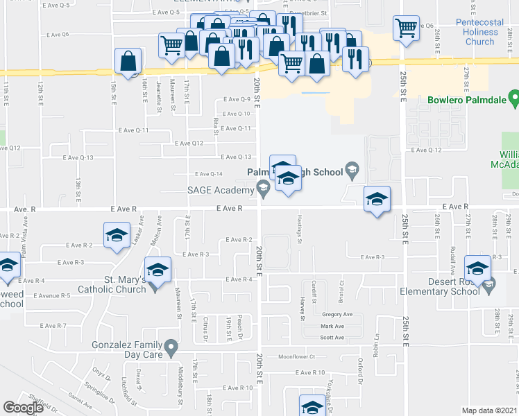 map of restaurants, bars, coffee shops, grocery stores, and more near 37998 20th Street East in Palmdale