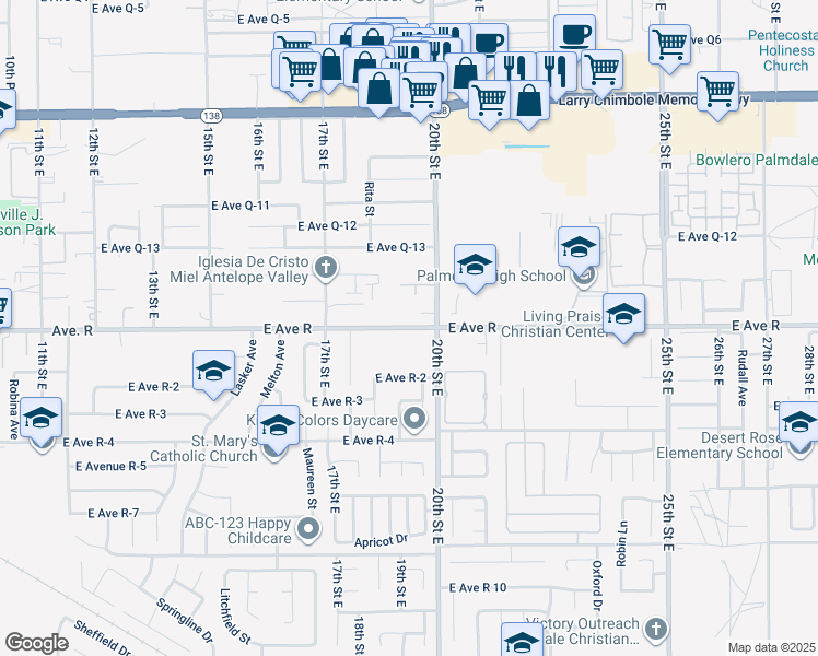 map of restaurants, bars, coffee shops, grocery stores, and more near 1850 East Avenue R in Palmdale