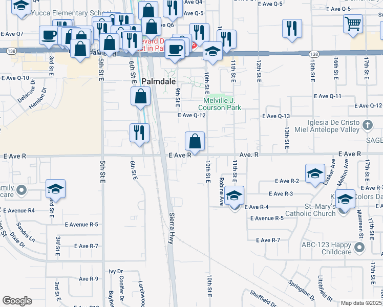 map of restaurants, bars, coffee shops, grocery stores, and more near 922 East Avenue Road in Palmdale
