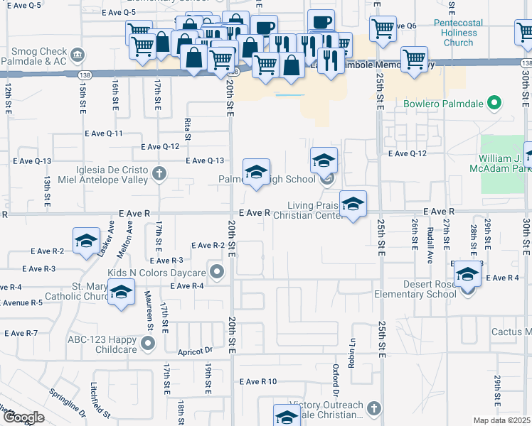 map of restaurants, bars, coffee shops, grocery stores, and more near 2137 East Avenue M in Palmdale