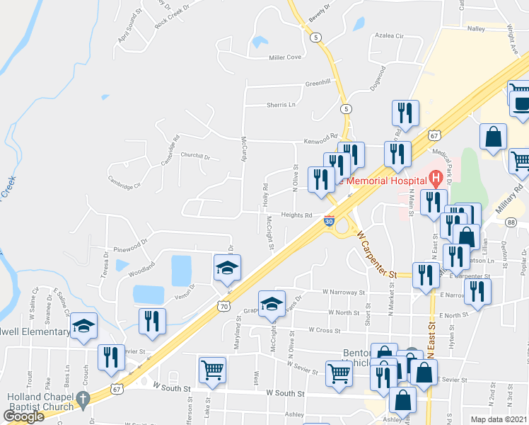 map of restaurants, bars, coffee shops, grocery stores, and more near 1001 Holly Road in Benton