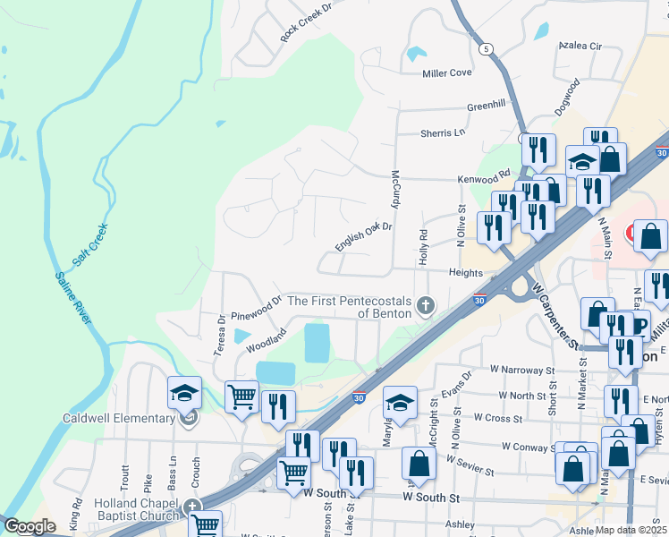 map of restaurants, bars, coffee shops, grocery stores, and more near 1130 English Oak Drive in Benton