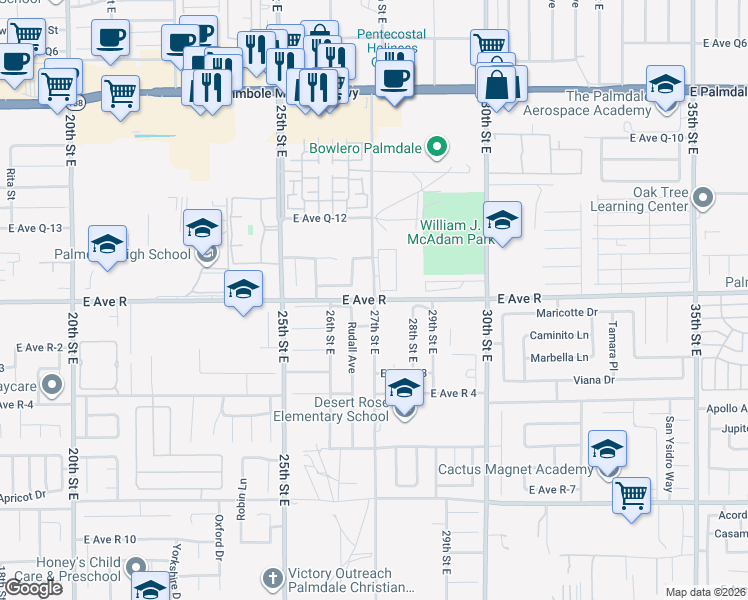 map of restaurants, bars, coffee shops, grocery stores, and more near 27th Street East in Palmdale