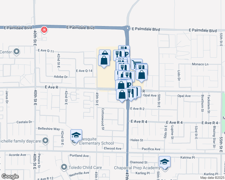 map of restaurants, bars, coffee shops, grocery stores, and more near 4632 East Avenue R in Palmdale