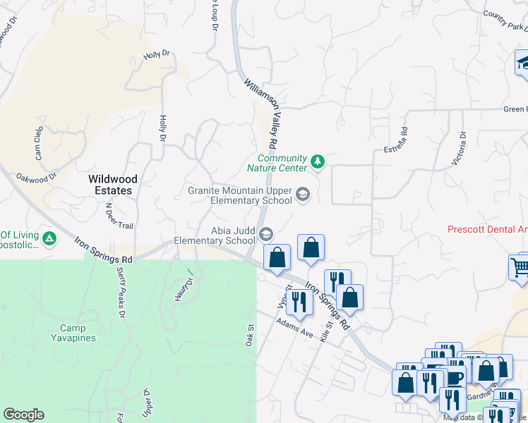 map of restaurants, bars, coffee shops, grocery stores, and more near 1800 Williamson Valley Road in Prescott