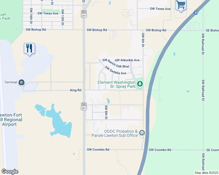map of restaurants, bars, coffee shops, grocery stores, and more near 3422 Southwest Abilene Drive in Lawton