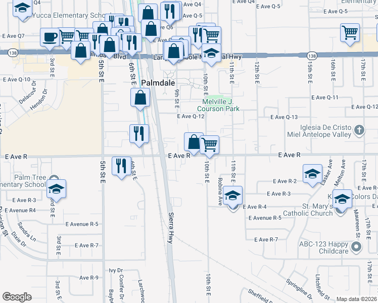 map of restaurants, bars, coffee shops, grocery stores, and more near 937 East Avenue R in Palmdale