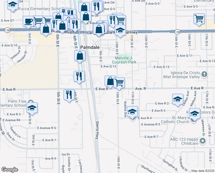 map of restaurants, bars, coffee shops, grocery stores, and more near Avenue R in Palmdale