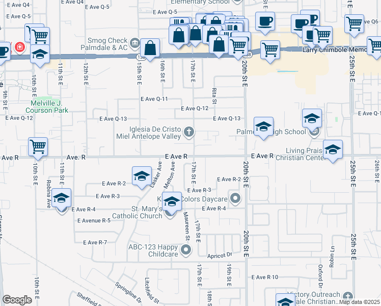 map of restaurants, bars, coffee shops, grocery stores, and more near 1617 East Avenue R in Palmdale