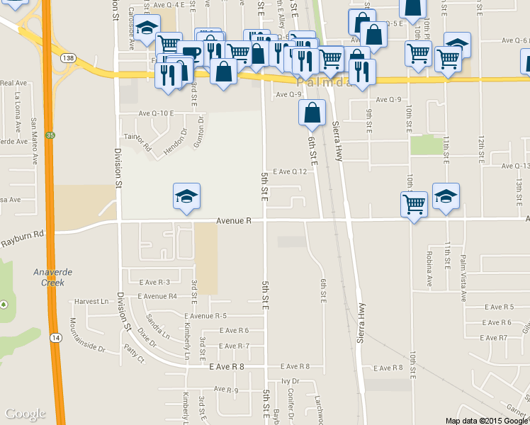 map of restaurants, bars, coffee shops, grocery stores, and more near 38076 5th Street East in Palmdale