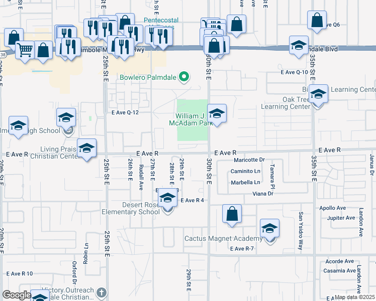 map of restaurants, bars, coffee shops, grocery stores, and more near 38015 30th Street East in Palmdale