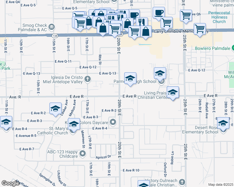 map of restaurants, bars, coffee shops, grocery stores, and more near 38021 20th Street East in Palmdale