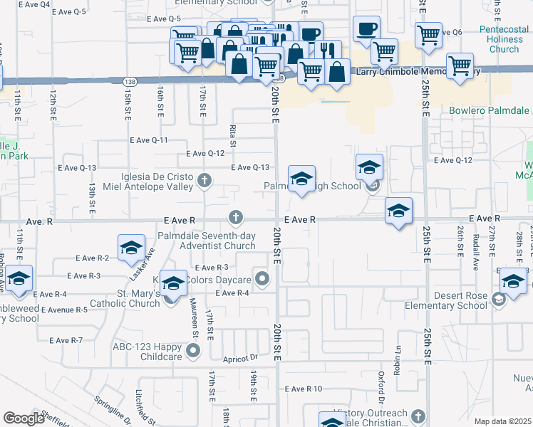 map of restaurants, bars, coffee shops, grocery stores, and more near 38021 20th Street East in Palmdale
