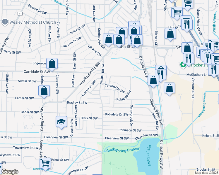 map of restaurants, bars, coffee shops, grocery stores, and more near 321 Cardinal Drive Southwest in Decatur
