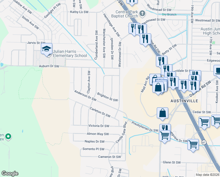 map of restaurants, bars, coffee shops, grocery stores, and more near 2227 Essex Drive Southwest in Decatur