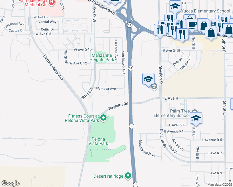 map of restaurants, bars, coffee shops, grocery stores, and more near 351 Pagosa Court in Palmdale
