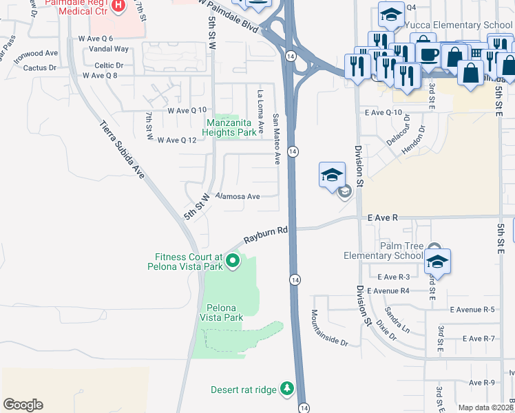 map of restaurants, bars, coffee shops, grocery stores, and more near 352 Alamosa Avenue in Palmdale