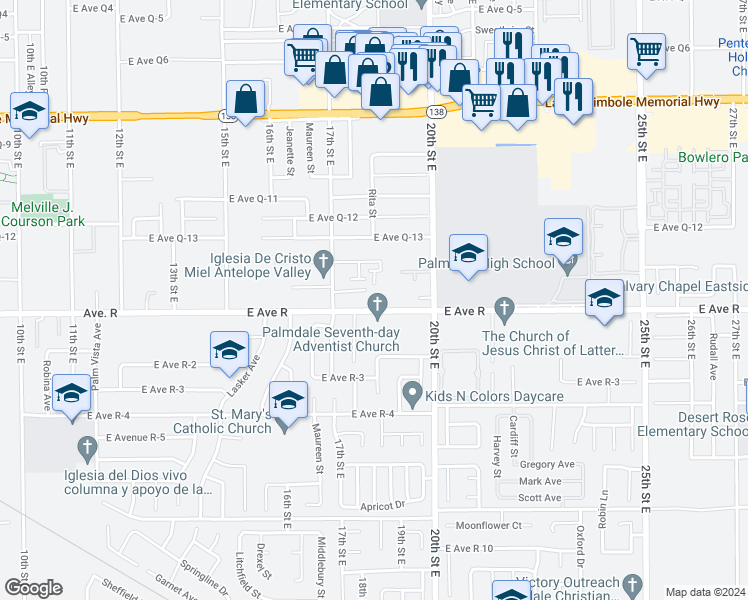 map of restaurants, bars, coffee shops, grocery stores, and more near 1755 East Avenue R in Palmdale